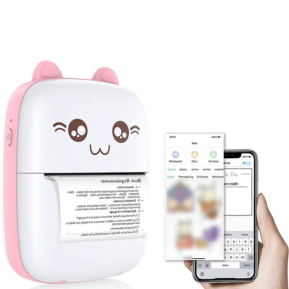 Mini thermal pocket printer with printed labels, smartphone connection, and six blank white paper rolls — view 2