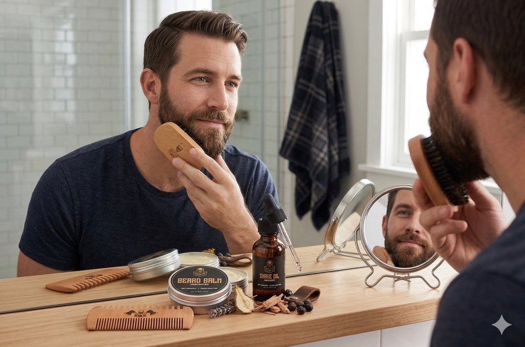 Organic beard grooming kit with oil bottle balm tin boar bristle brush and wooden comb — view 4