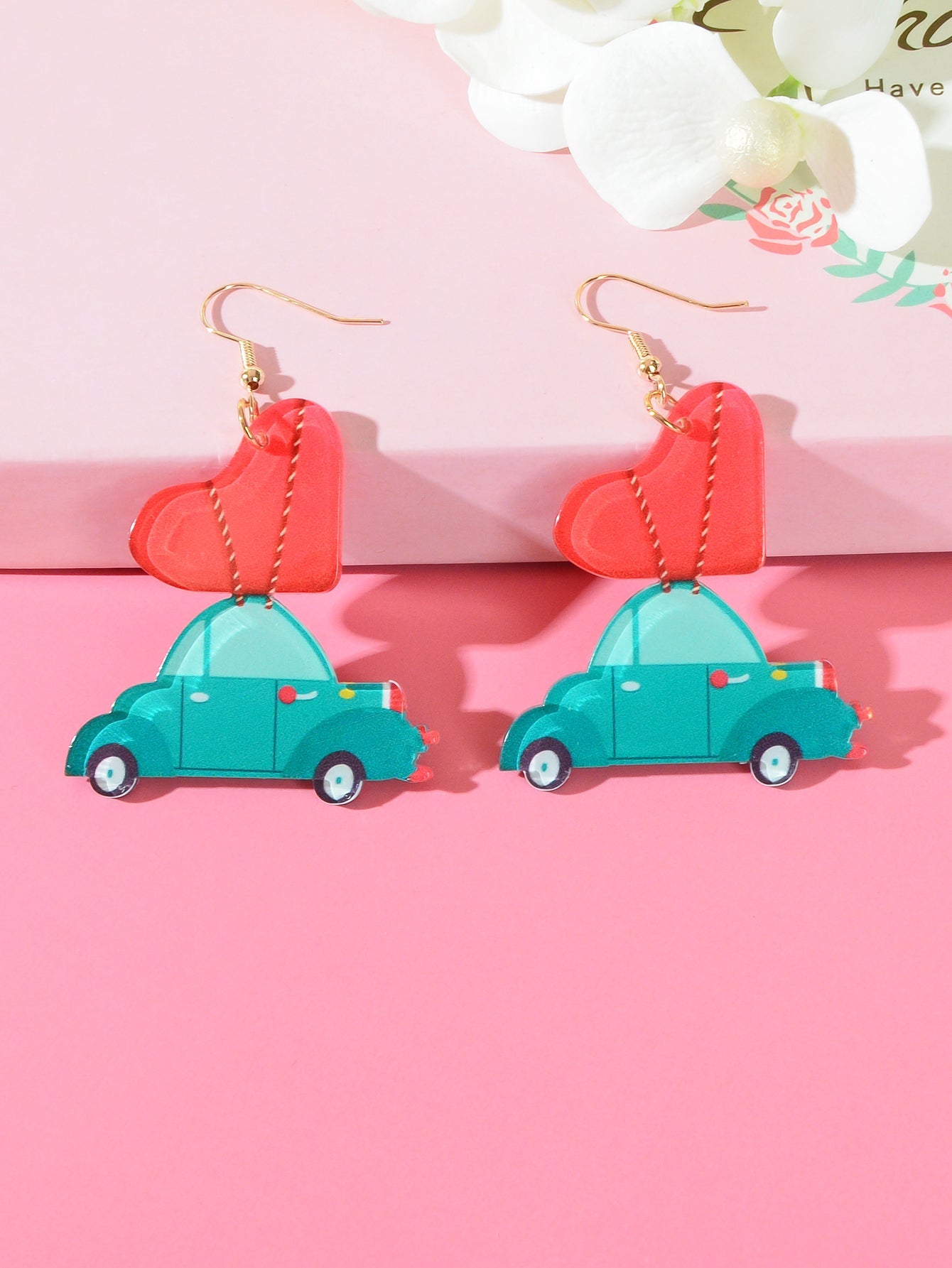 Pink sweetheart pendant dangle earrings with metal alloy hooks on a clean background — view 3