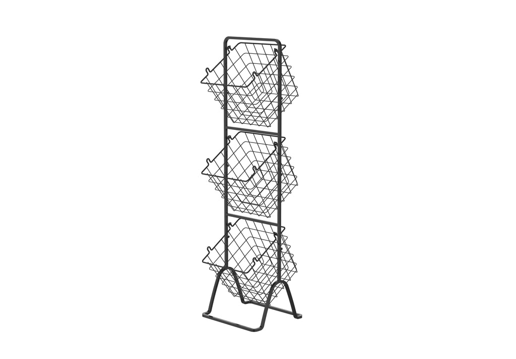 Black 3-tier metal wire storage basket stand with removable open-grid containers for home organization
