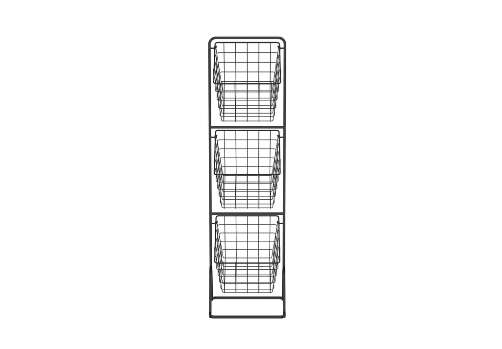 Black 3-tier metal wire storage basket stand with removable open-grid containers for home organization — view 3