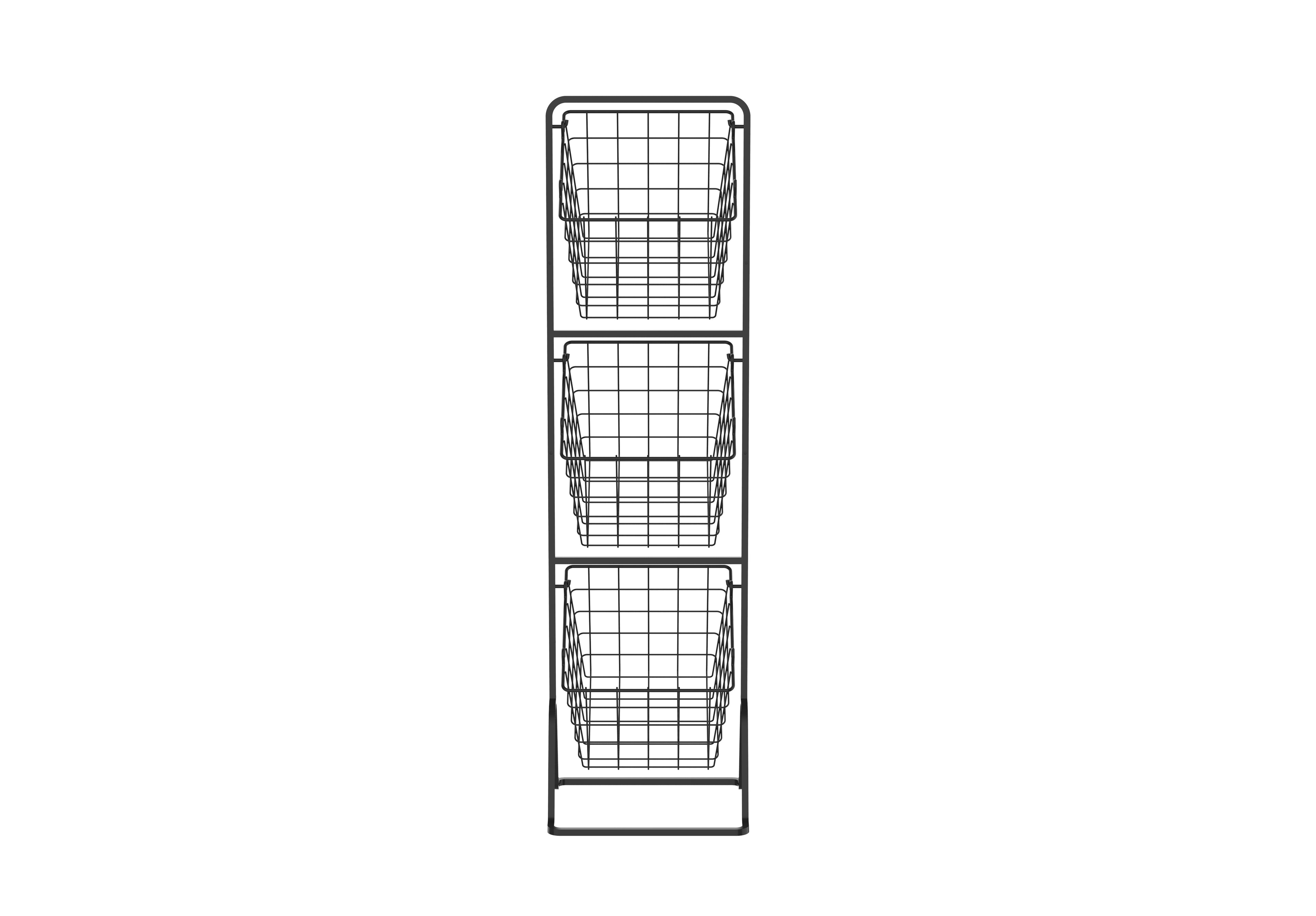 Black 3-tier metal wire storage basket stand with removable open-grid containers for home organization — view 3