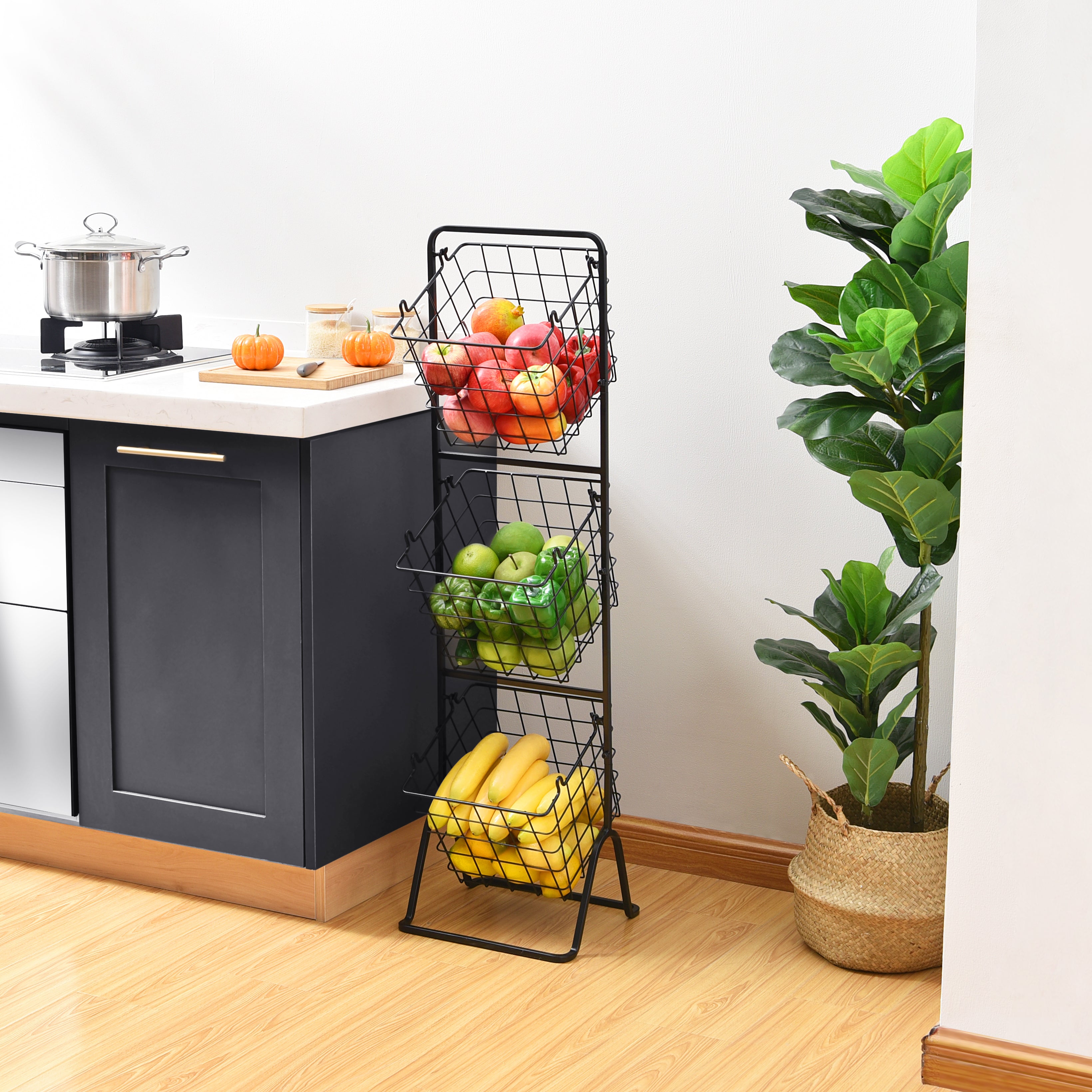 Black 3-tier metal wire storage basket stand with removable open-grid containers for home organization — view 6