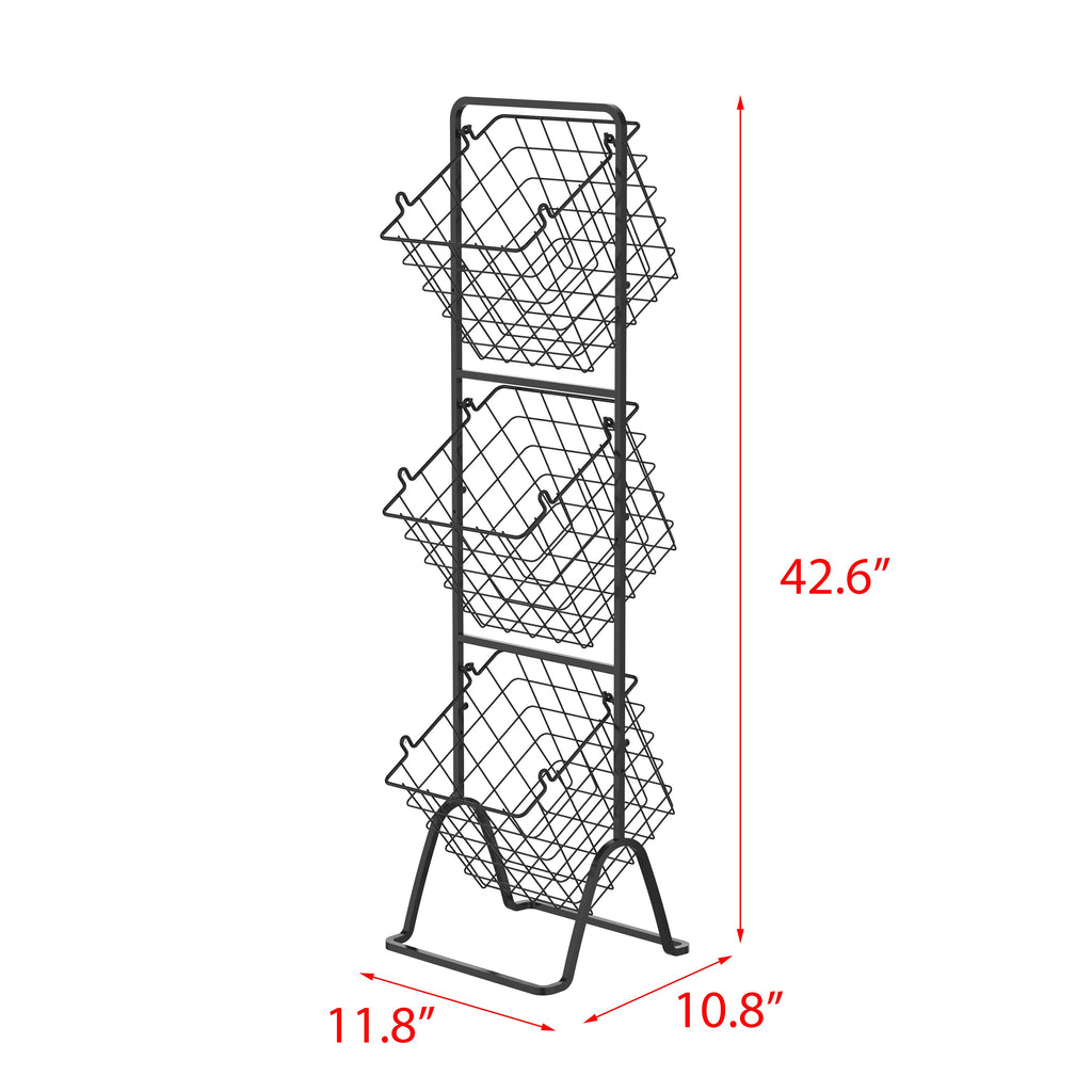 Black 3-tier metal wire storage basket stand with removable open-grid containers for home organization — view 7