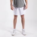 Men's seven-inch white athletic shorts with elastic waistband and side pockets made of lightweight nylon