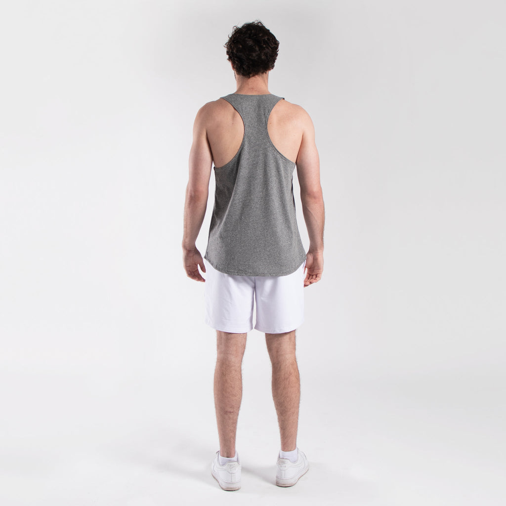 Men's seven-inch white athletic shorts with elastic waistband and side pockets made of lightweight nylon — view 3