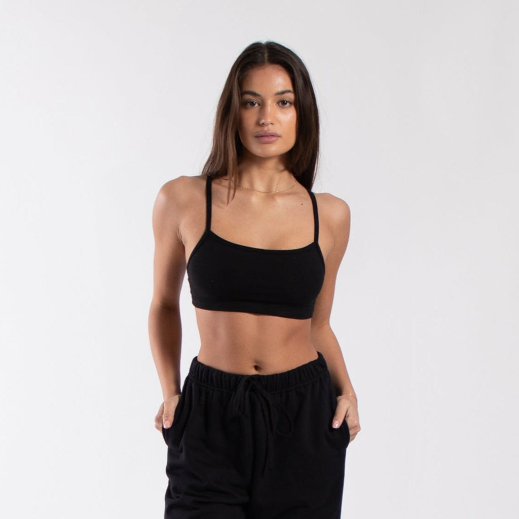 Women's cotton blend bralette crop top with spaghetti straps and a formfitting comfortable design