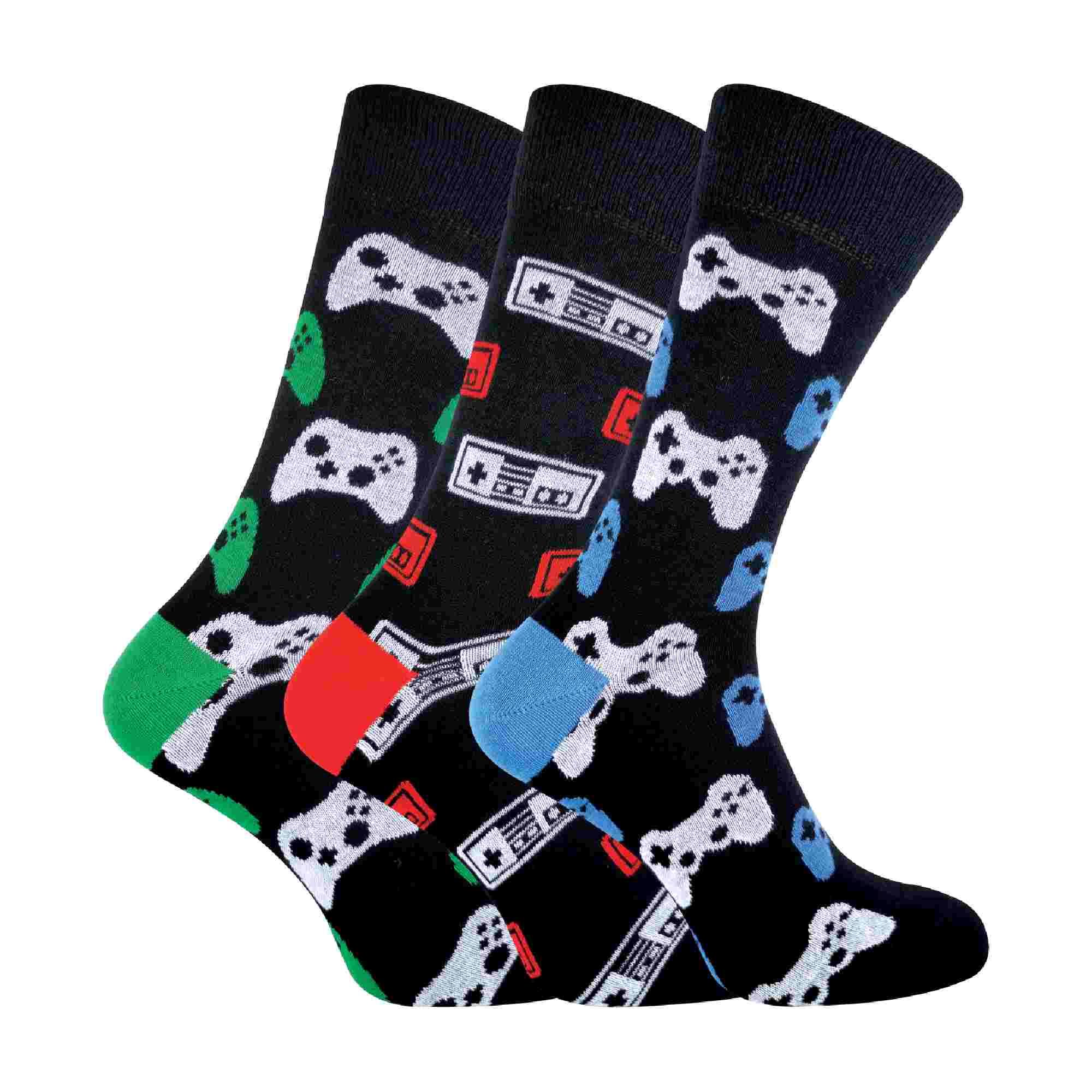 Three pack of men's retro gaming crew socks featuring colourful arcade and video game designs