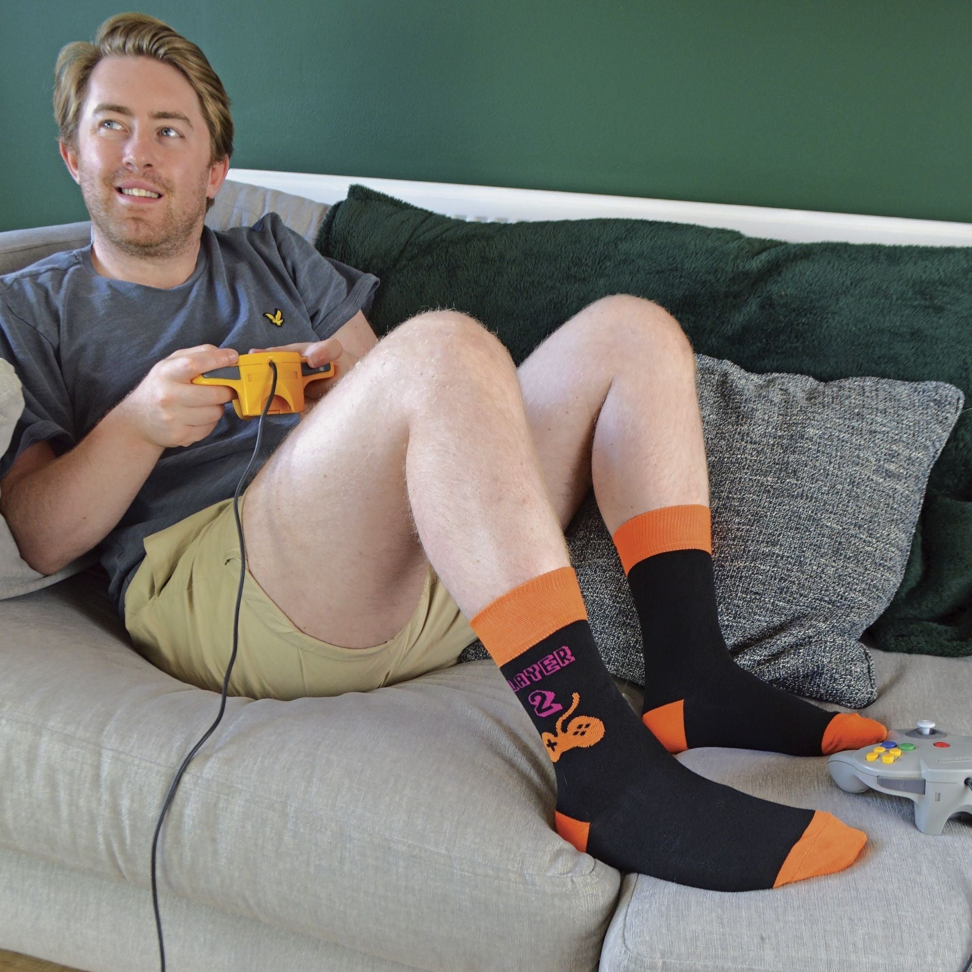 Three pack of men's retro gaming crew socks featuring colourful arcade and video game designs — view 4