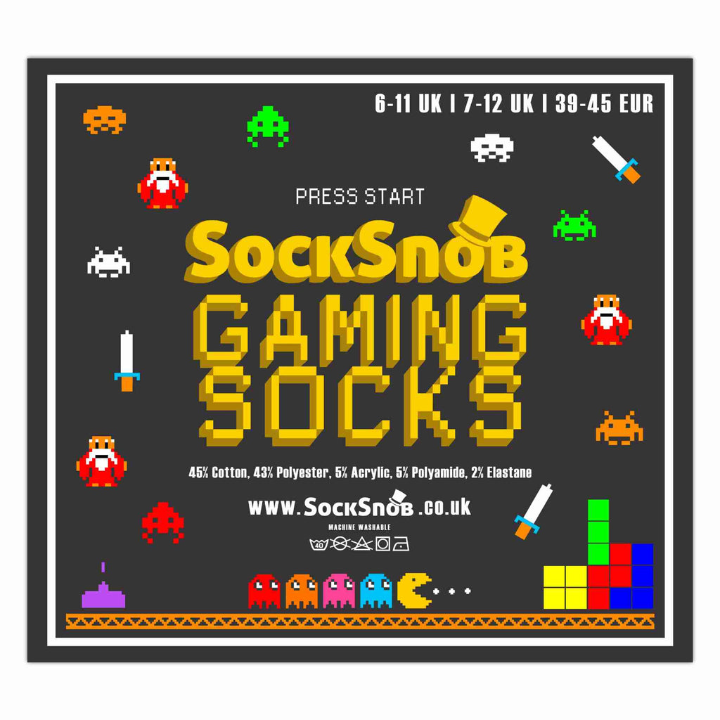 Three pack of men's retro gaming crew socks featuring colourful arcade and video game designs — view 2