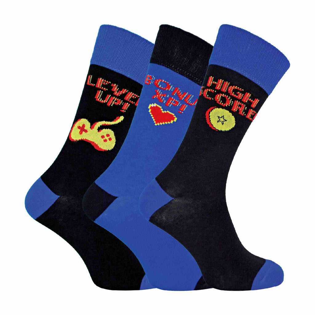 Three pack of men's retro gaming crew socks featuring colourful arcade and video game designs — view 5