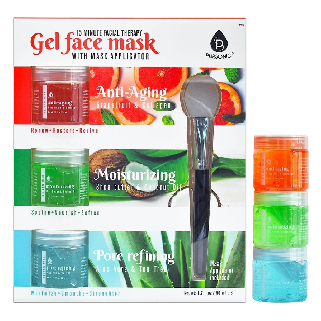 Facial therapy gel mask set with three colorful jars and a cosmetic applicator brush