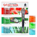Facial therapy gel mask set with three colorful jars and a cosmetic applicator brush
