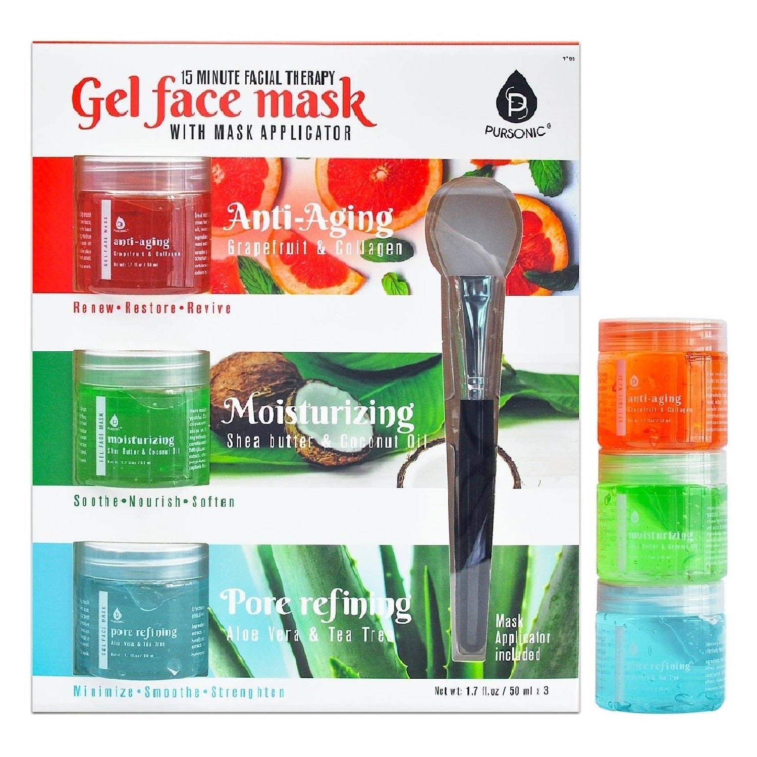 Facial therapy gel mask set with three colorful jars and a cosmetic applicator brush