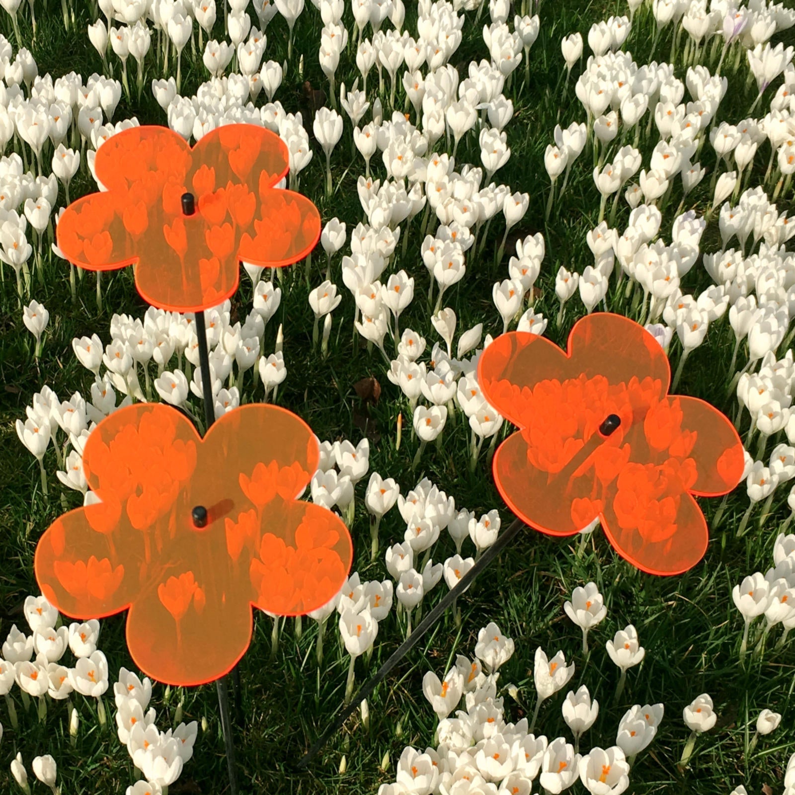 Set of 3 large blossom suncatcher garden ornaments with glowing colourful acrylic on black stakes