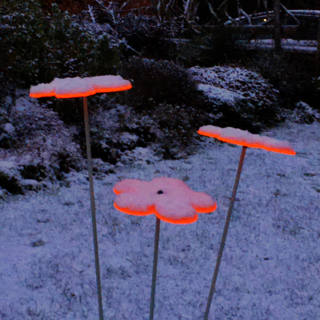 Set of 3 large blossom suncatcher garden ornaments with glowing colourful acrylic on black stakes — view 2