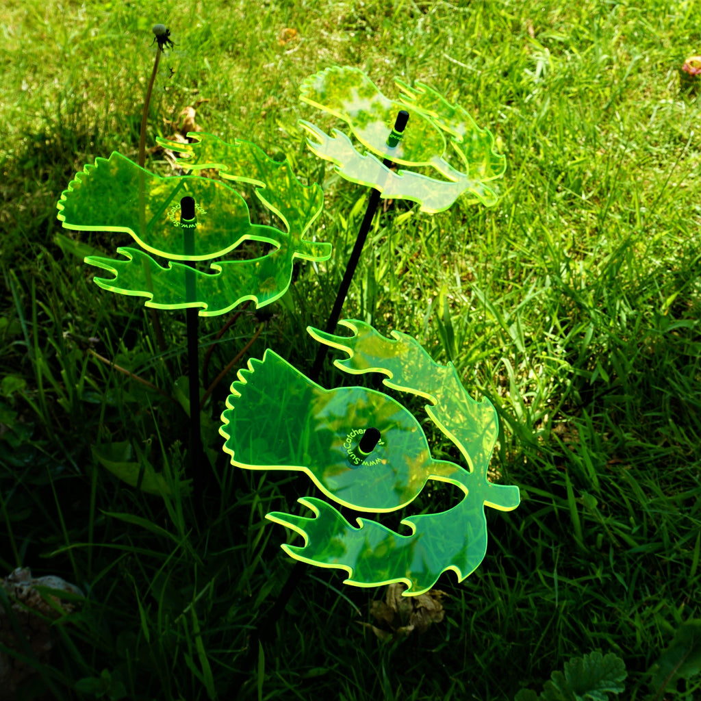 Scottish Thistle garden stakes set of three glowing colourful acrylic ornaments on black swing rods — view 4