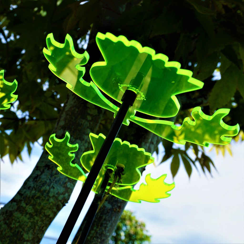Scottish Thistle garden stakes set of three glowing colourful acrylic ornaments on black swing rods — view 5