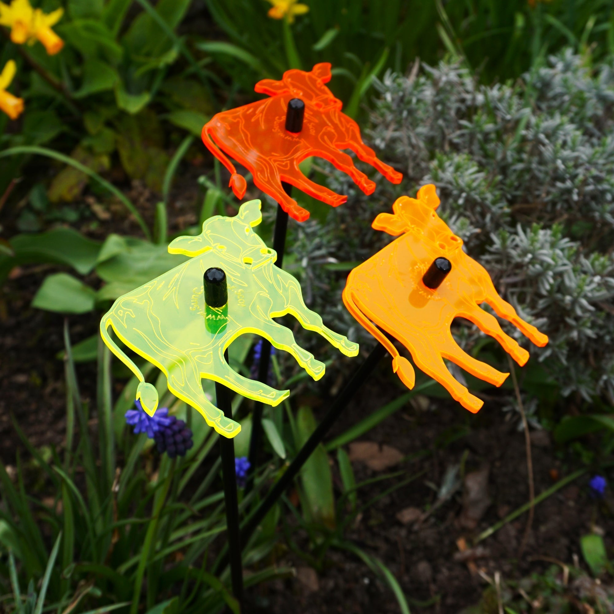 Three glowing cow garden stakes, vibrant suncatcher yard ornaments displayed in a flower bed — view 5