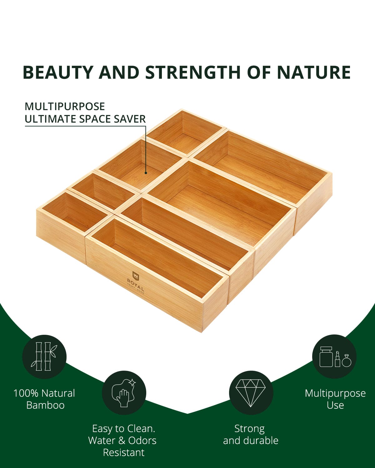 Natural bamboo storage box set of eight for drawer and desk organization — view 3