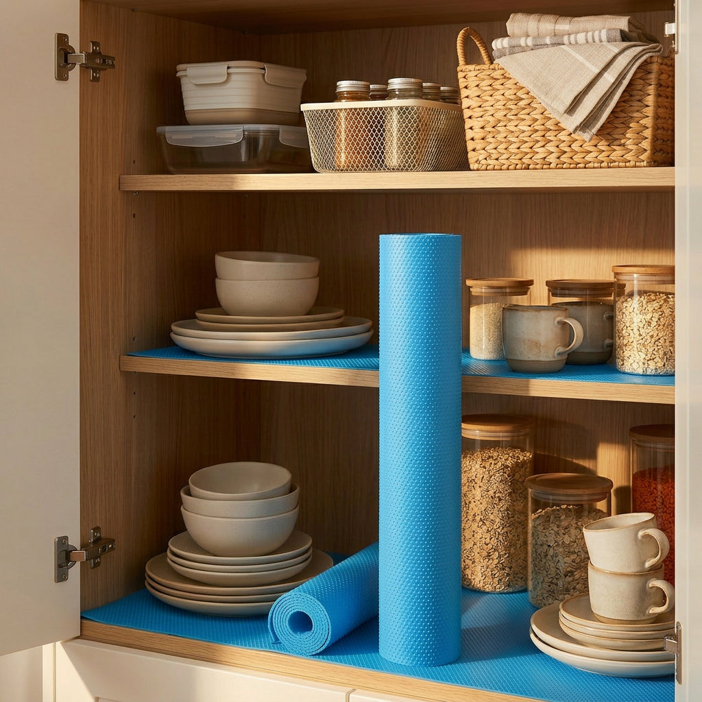Blue EVA cabinet shelf liner mat roll for kitchen drawer and pantry protection — view 3