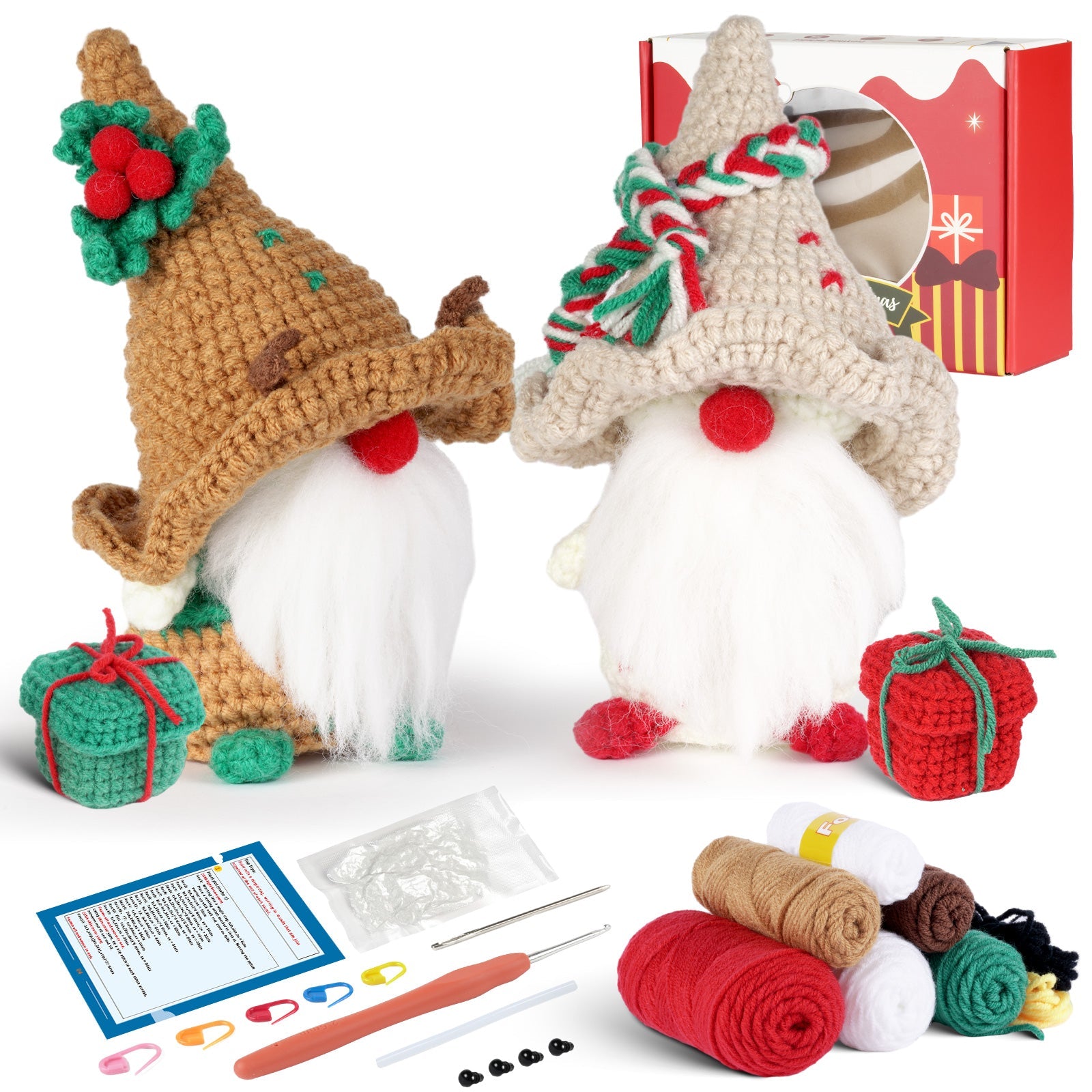Complete Christmas gnome amigurumi DIY crochet kit with white hat, yarn, hook, and instructions. — view 2