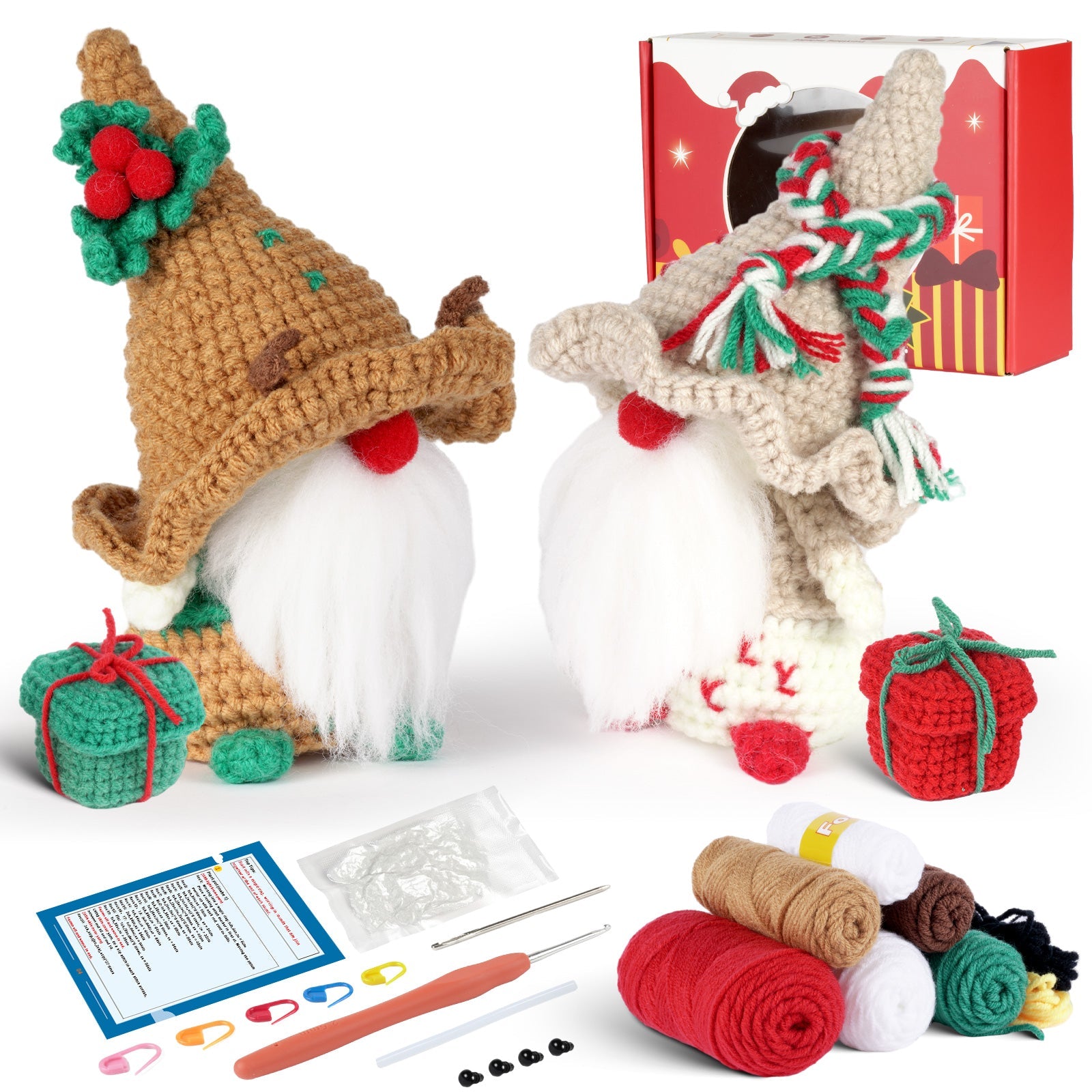 Christmas Gnome crochet kit with brown hat, amigurumi crafting supplies, yarn, and small handmade gift. — view 3