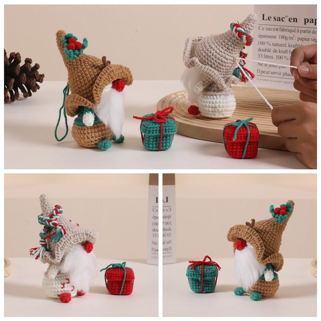 Complete Christmas gnome amigurumi DIY crochet kit with white hat, yarn, hook, and instructions. — view 3