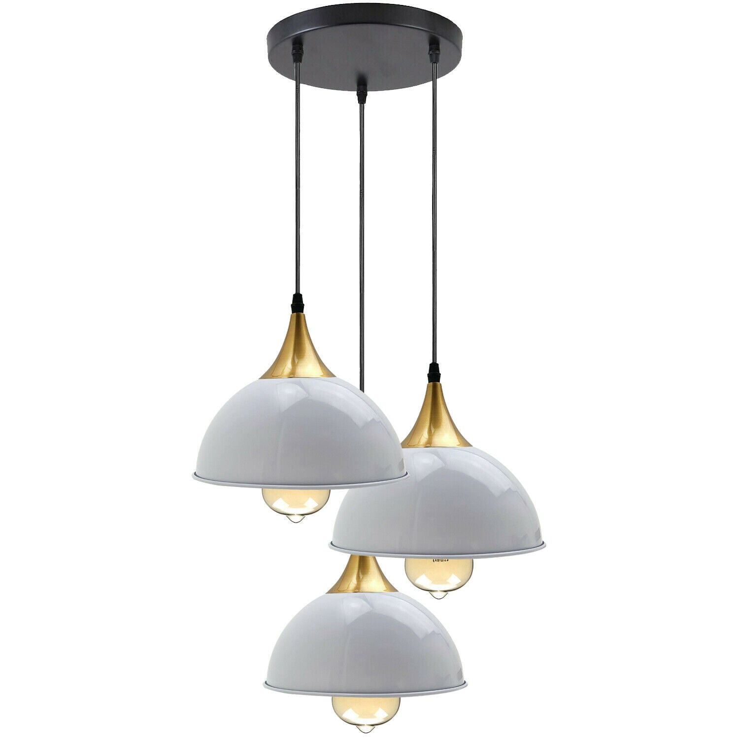 Three head modern white and gold metal dome pendant light hanging from a ceiling plate — view 3