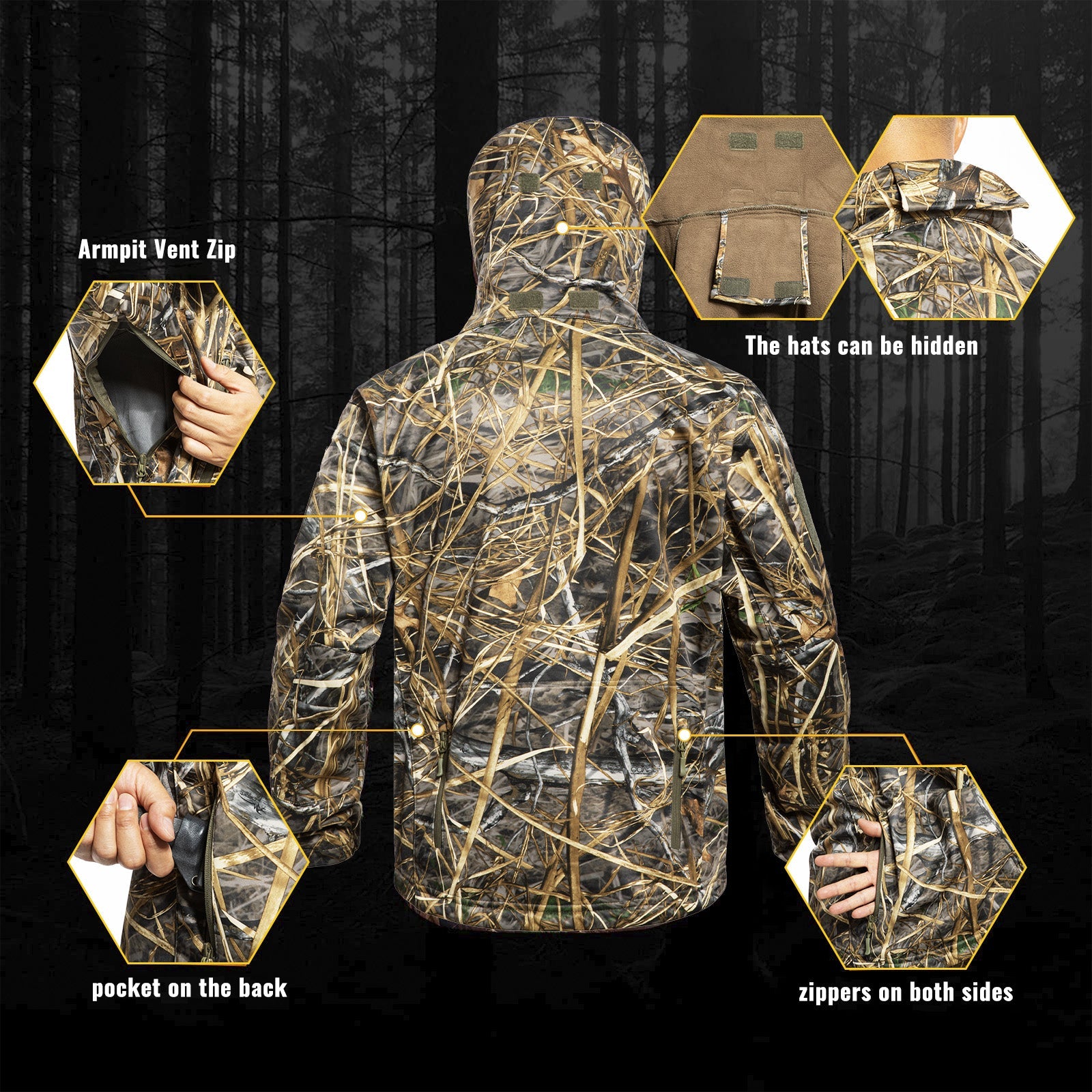 Men's camouflage hunting jacket with adjustable hood and multiple tactical zipper pockets — view 3