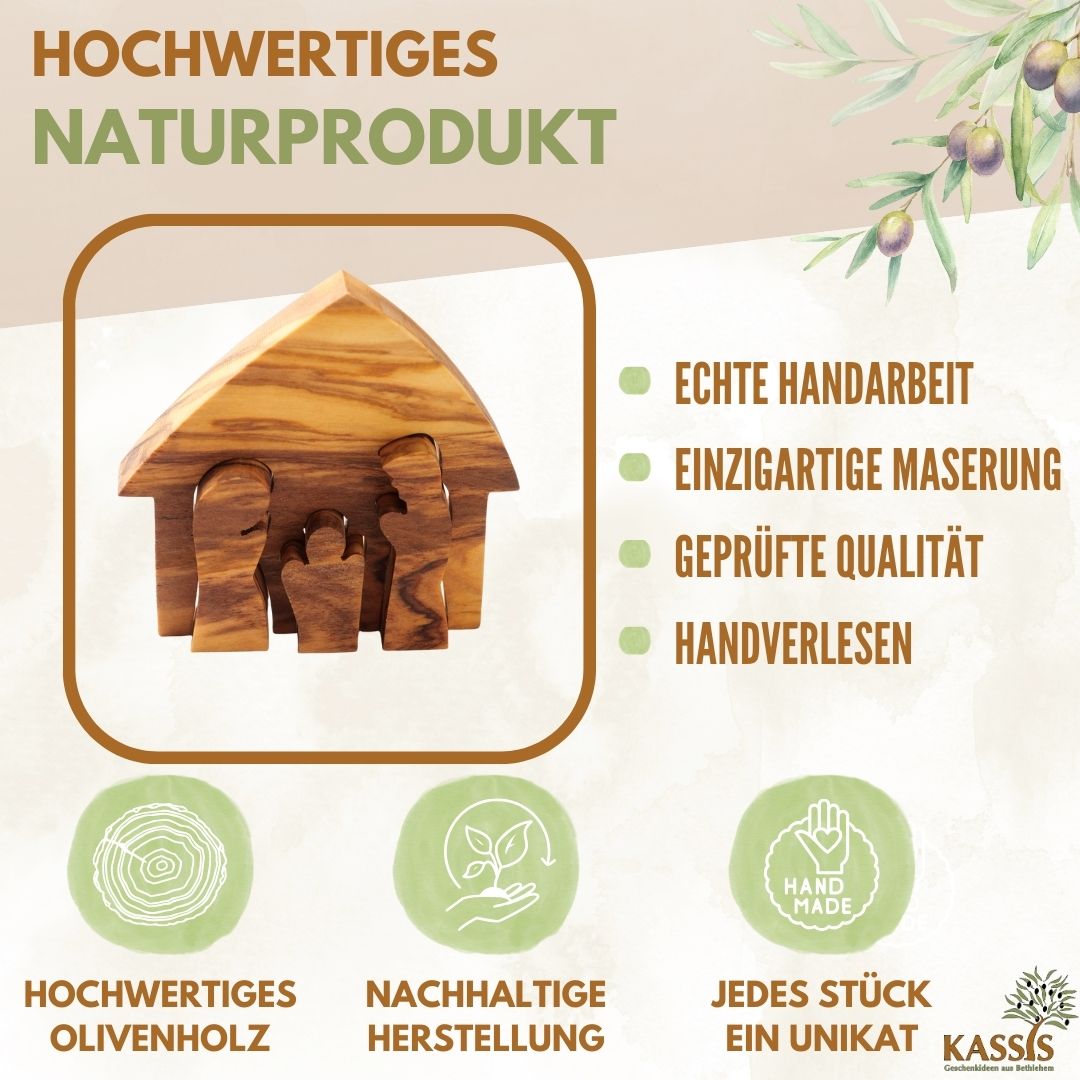 Olive wood nativity scene puzzle with carved figures of Mary, Joseph, and baby Jesus. — view 2