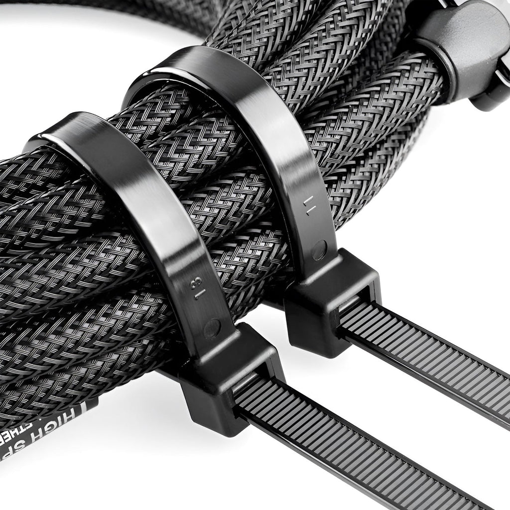 100 pack of heavy duty black nylon cable ties for secure wire and cord management