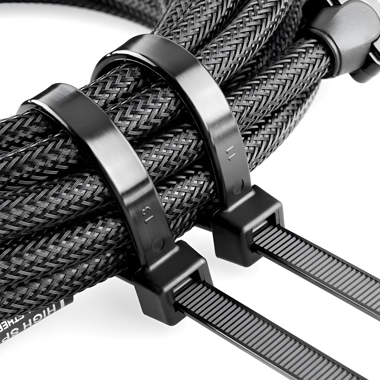 100 pack of heavy duty black nylon cable ties for secure wire and cord management