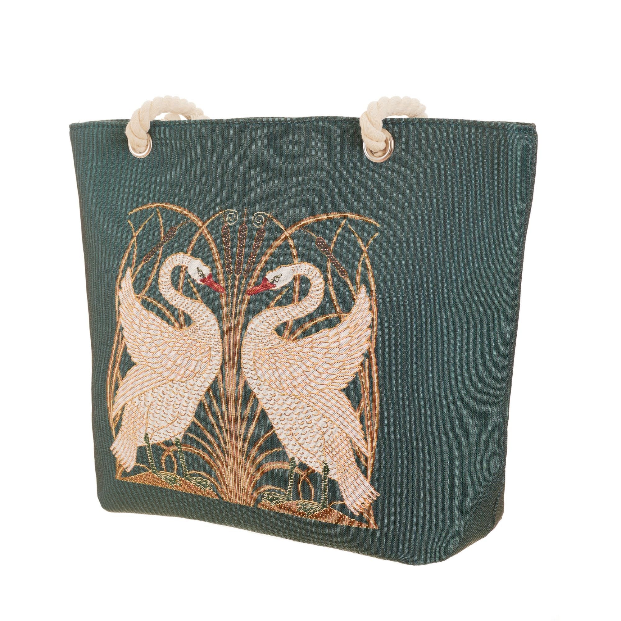 Woven tapestry rope tote bag featuring an elegant Walter Crane swan and botanical art design — view 3