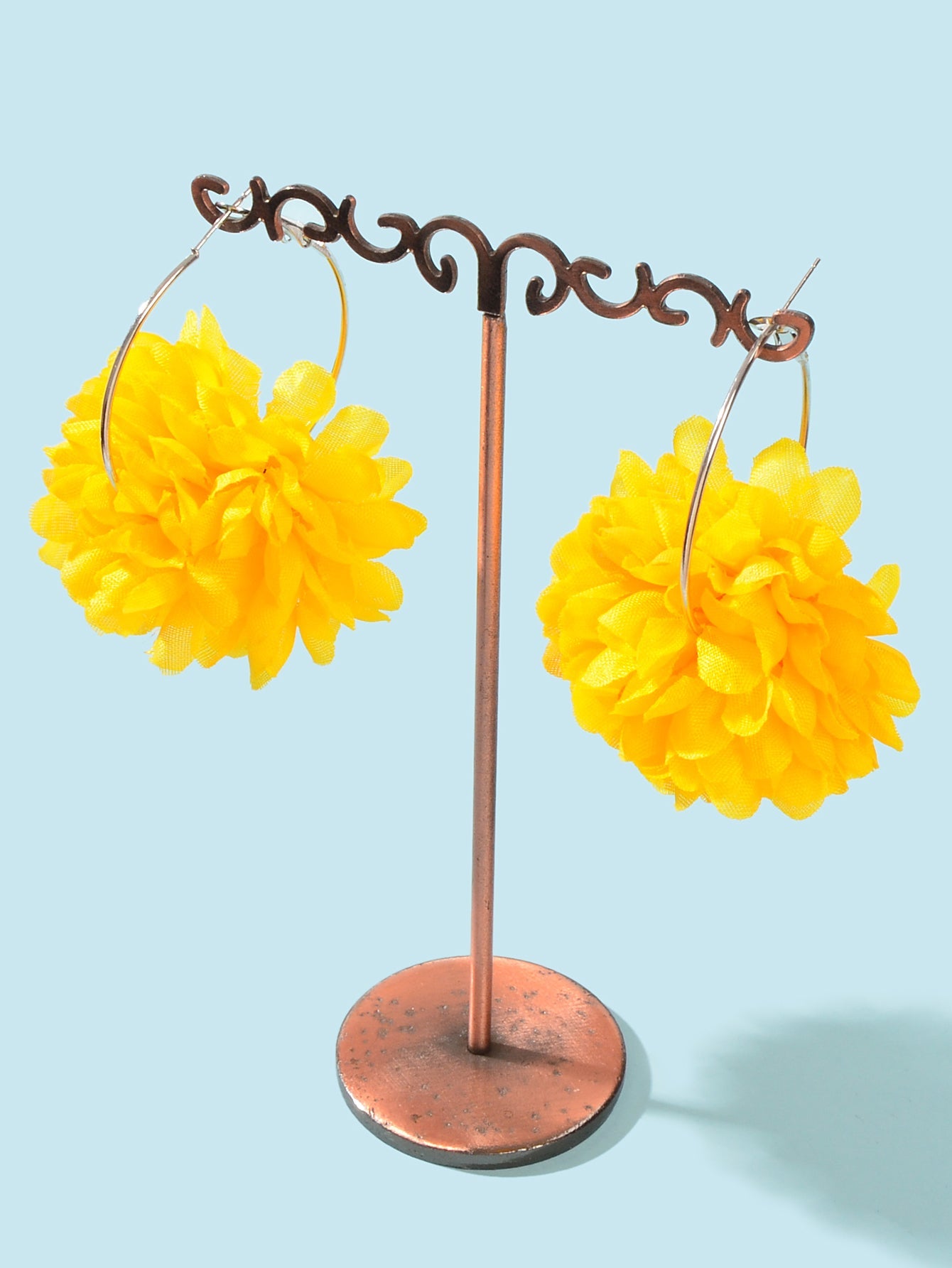 Yellow and hot pink chiffon blossom floral dangle hoop earrings on a clean background — view 2
