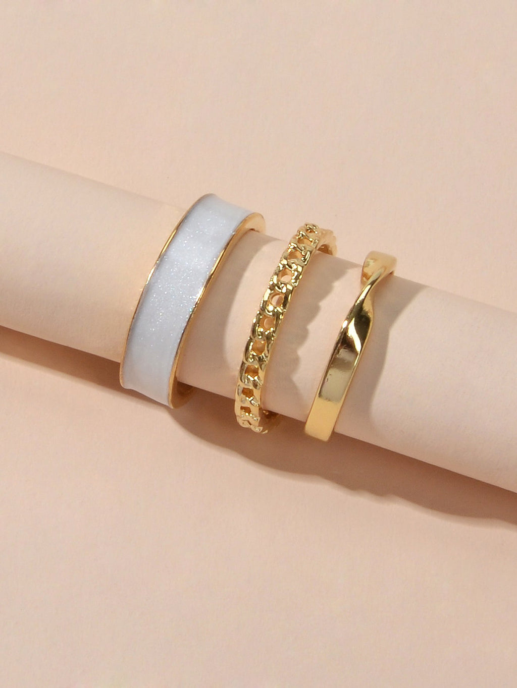 Three piece retro stackable white enamel midi knuckle ring set displayed together — view 2