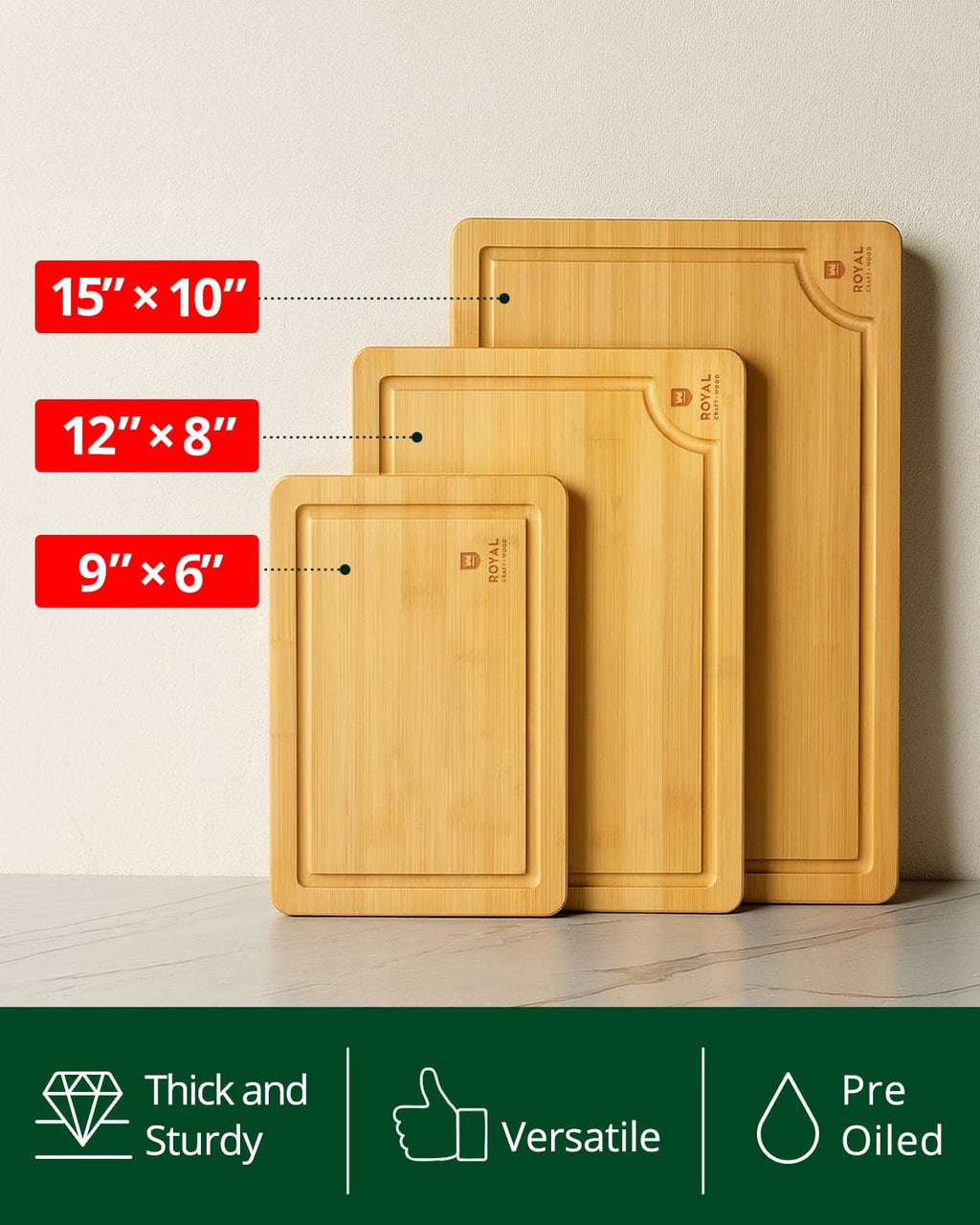 Bamboo cutting board set of 3 with juice grooves arranged on a kitchen countertop — view 4