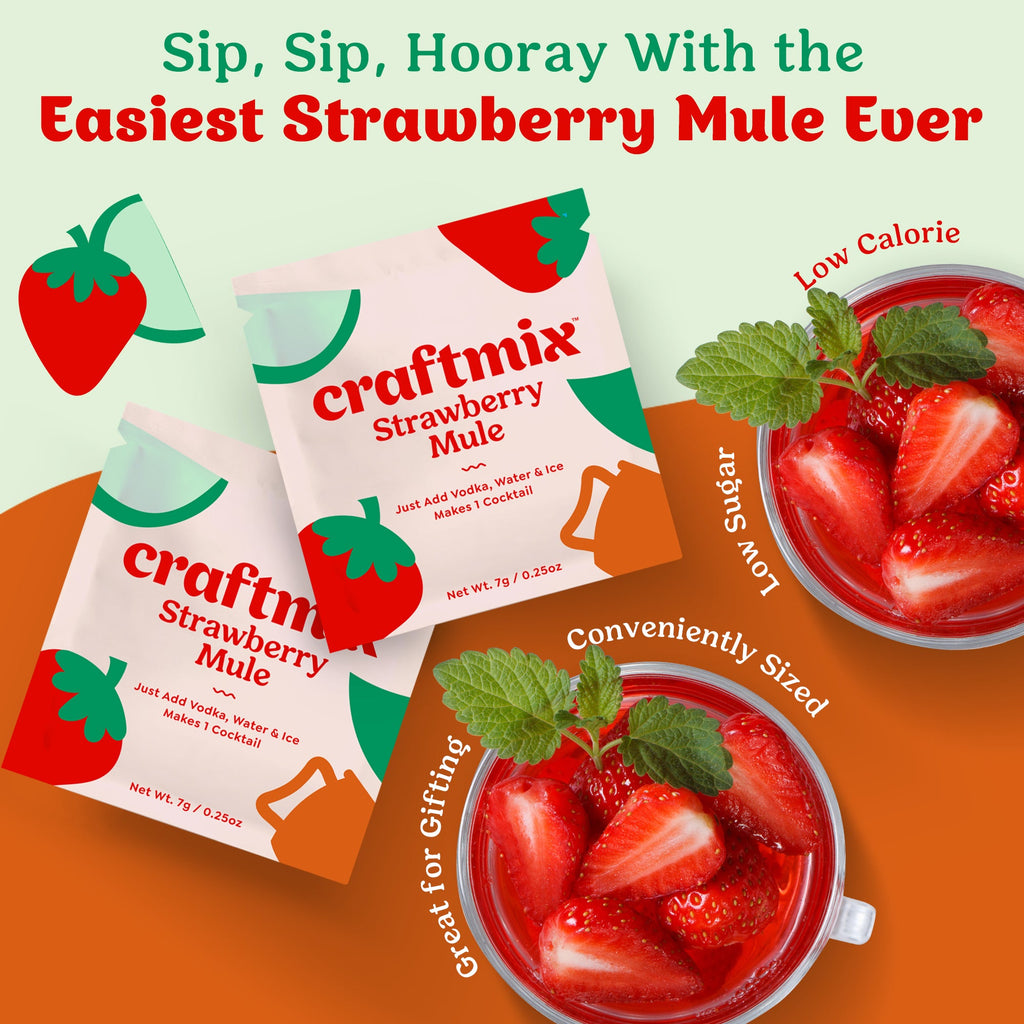 Craftmix Strawberry Mule cocktail mix 12-pack showing individual travel packets and vibrant fruit graphics — view 3