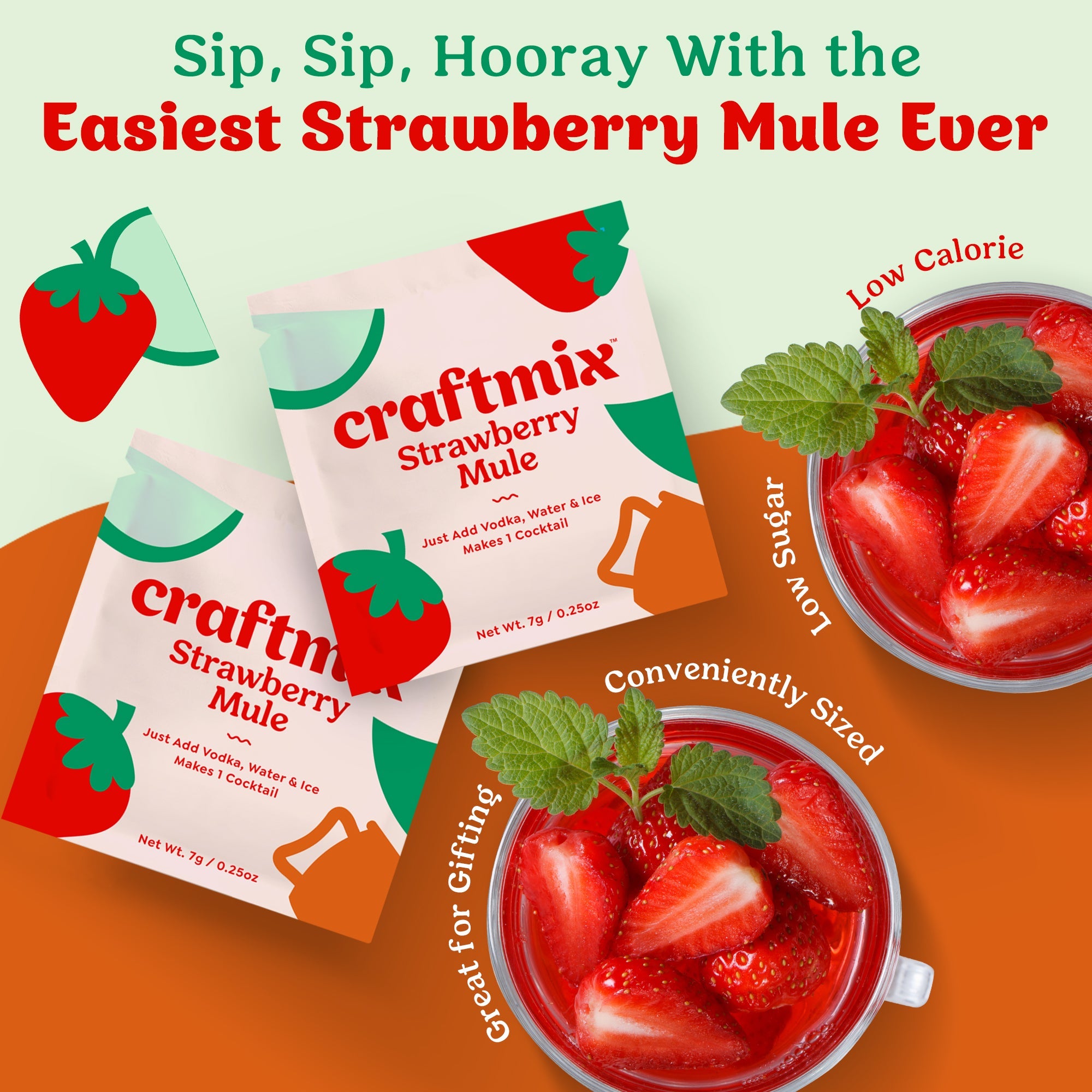 Craftmix Strawberry Mule cocktail mix 12-pack showing individual travel packets and vibrant fruit graphics — view 3