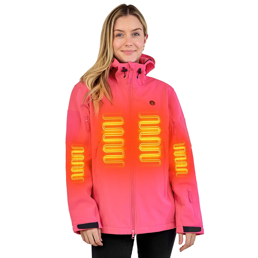 Women's heated winter jacket, water-resistant soft shell coat with hood in solid dark color