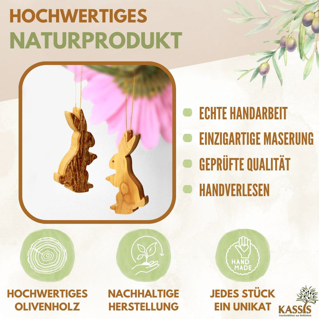 Osterhase Anhänger aus Olivenholz mit Rinde | Natürliche Osterdeko & Baumschmuck für Ostern-2
