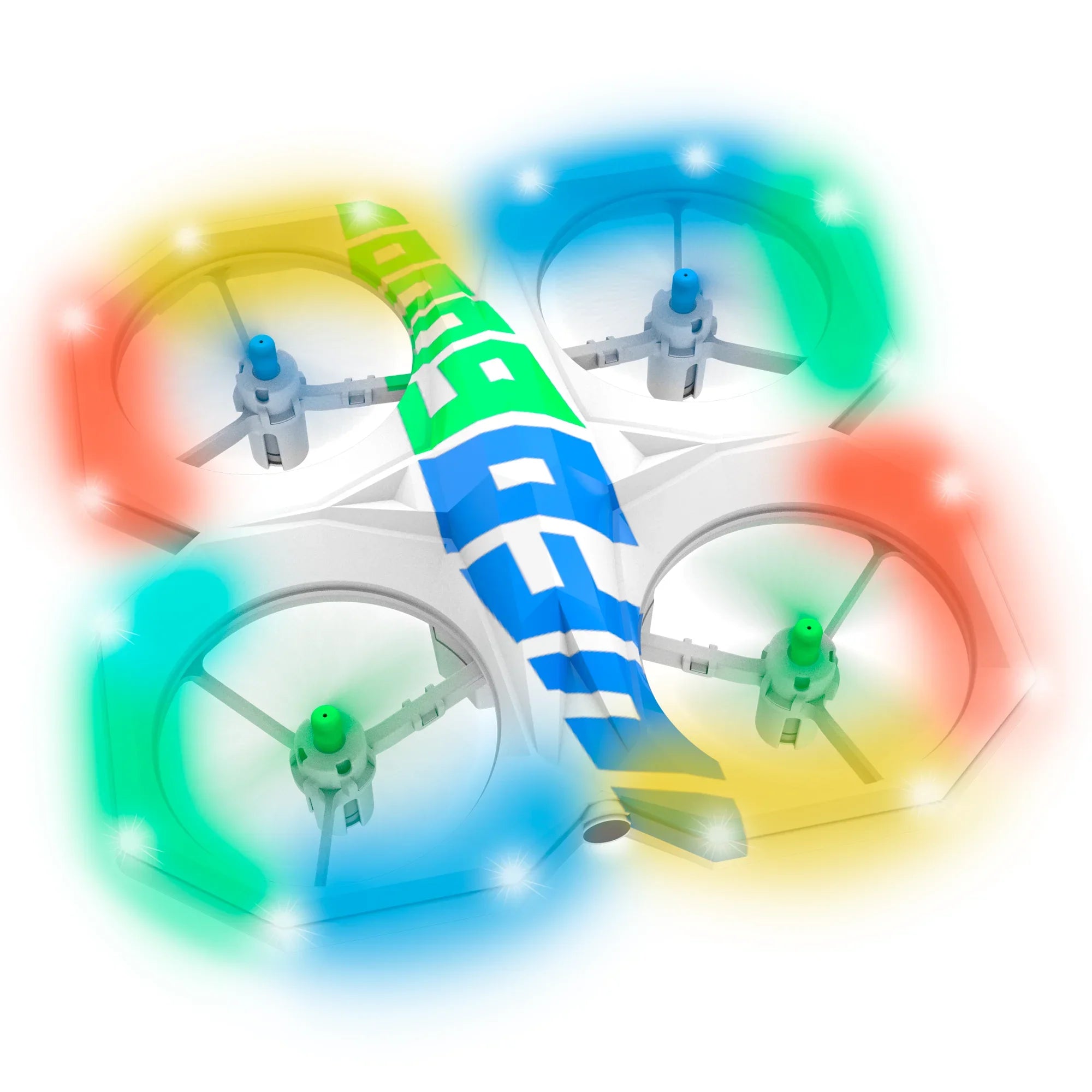Mini RC stunt aerial drone with glowing multicolor LED propeller guards and compact remote control — view 3
