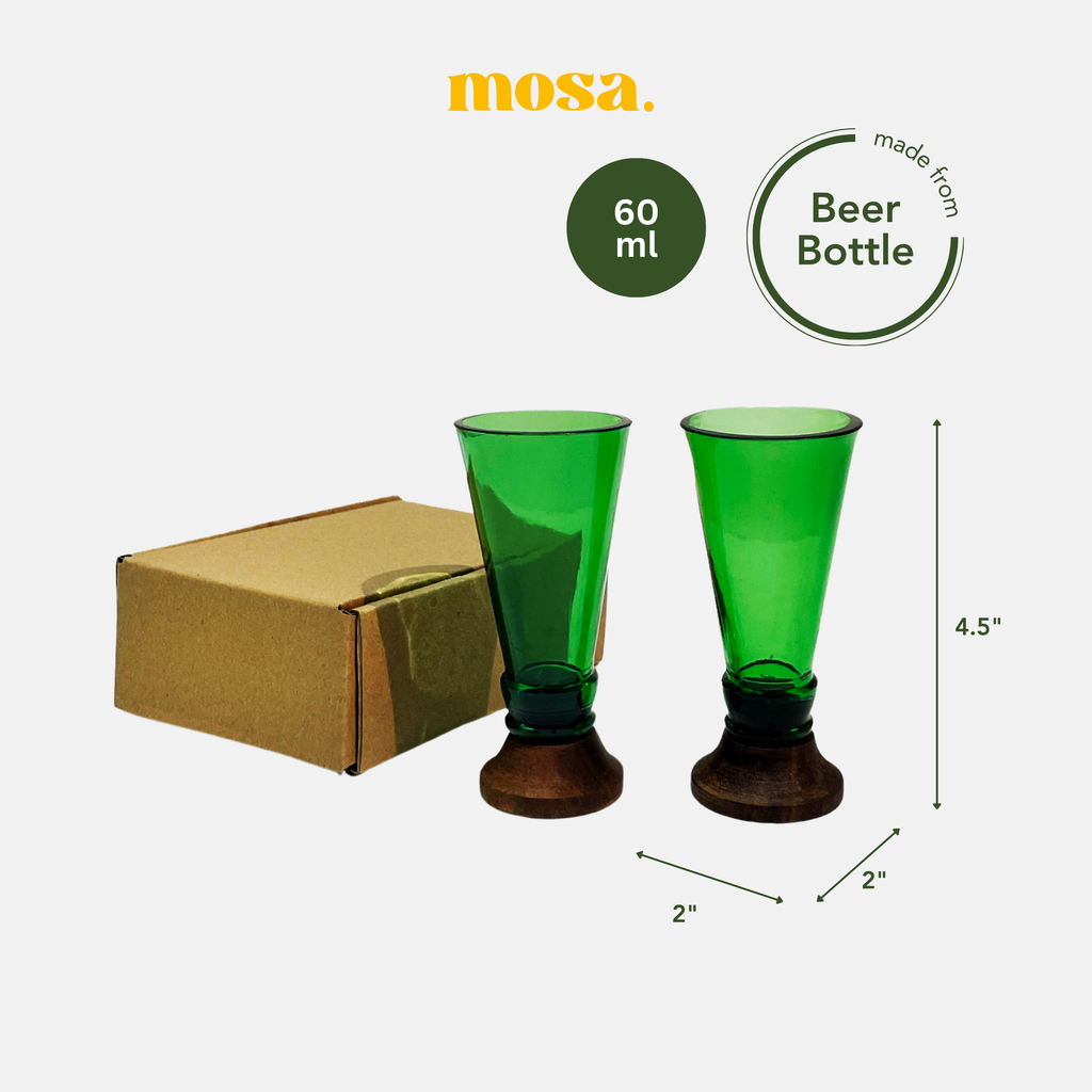 Green shot glasses made from upcycled glass bottles arranged neatly for a party setting — view 3