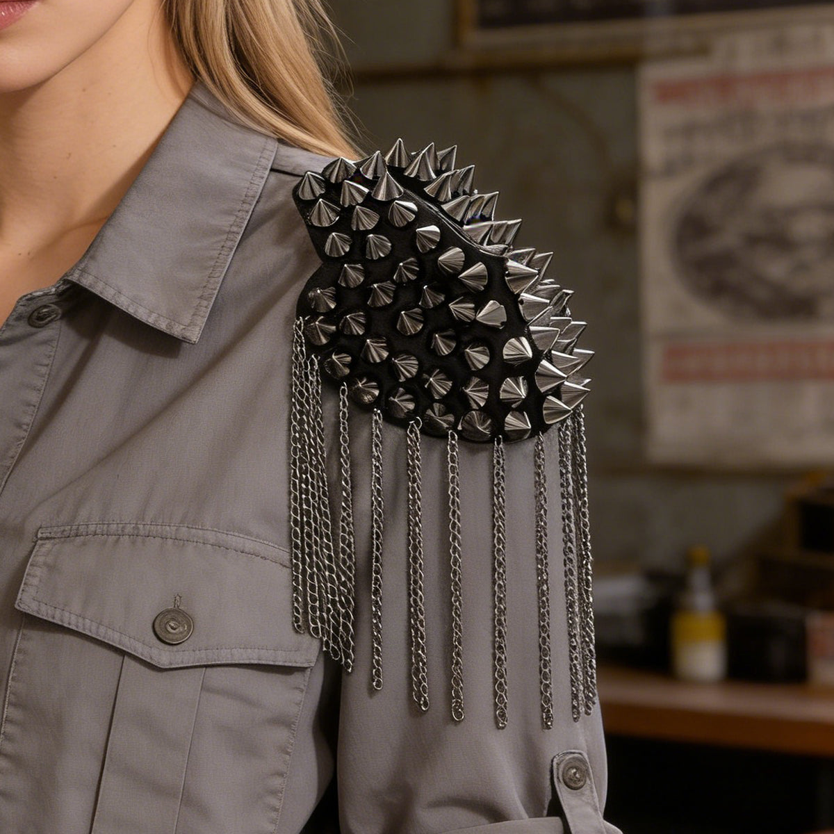 2pcs Fashionable Rivet Fringe Shoulder Epaulet Brooch Edgy Accessories-1