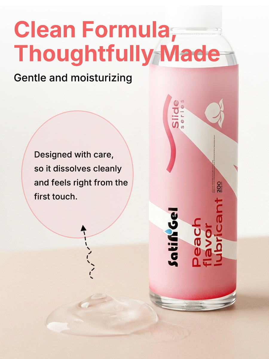 SatinGel peach flavored water-based personal lubricant bottle showcasing plant-based natural ingredients — view 4