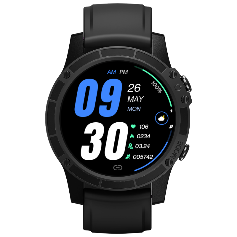 Black rugged sport smartwatch with touchscreen display showing a digital watch face and fitness metrics — view 3