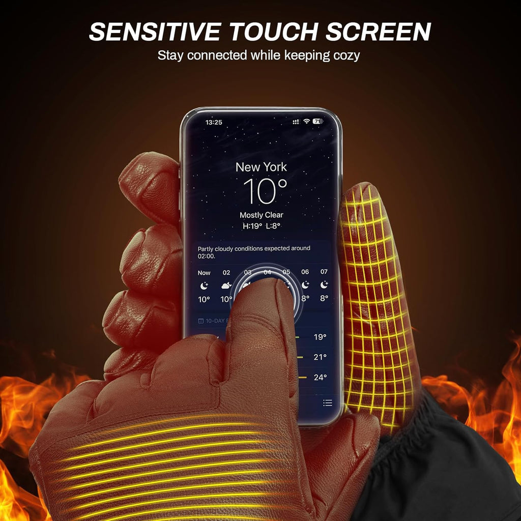 Black rechargeable heated winter ski gloves featuring premium leather palms and touchscreen compatible fingertips — view 3