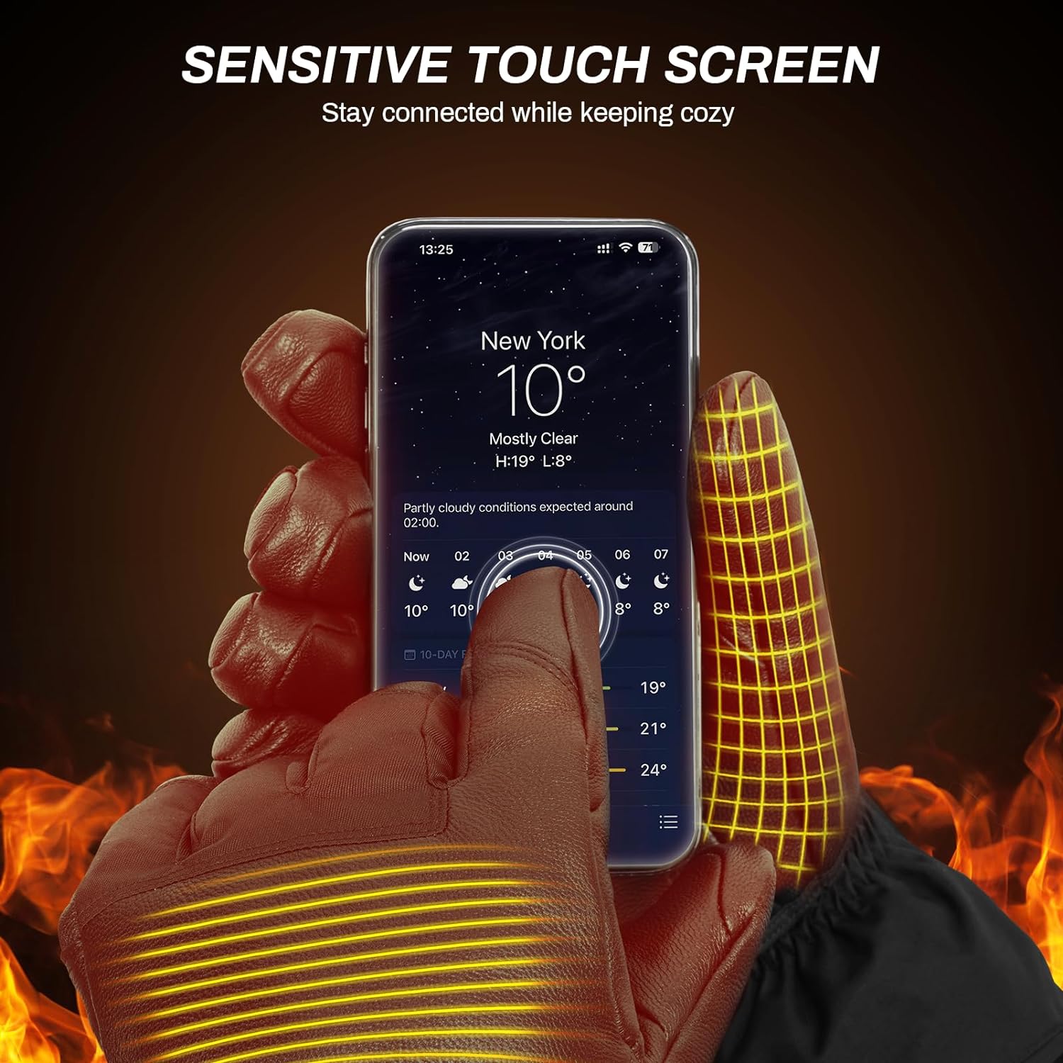 Black rechargeable heated winter ski gloves featuring premium leather palms and touchscreen compatible fingertips — view 3