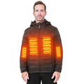 Unisex black polar fleece heated jacket with removable hood, multiple pockets, and 12V battery pack