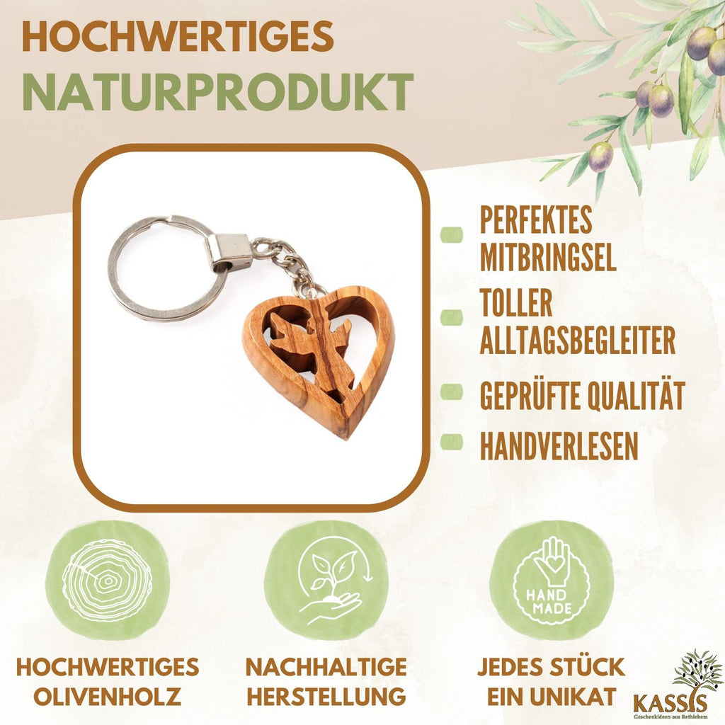 Handcrafted olive wood heart keychain featuring a carved guardian angel on a sturdy metal keyring — view 2